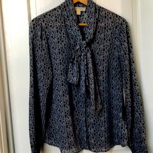 MK Long sleeve tie front blouse navy and white